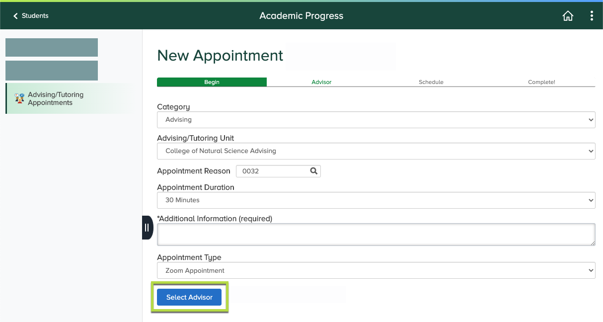 Fill out the form and click, Select Advisor