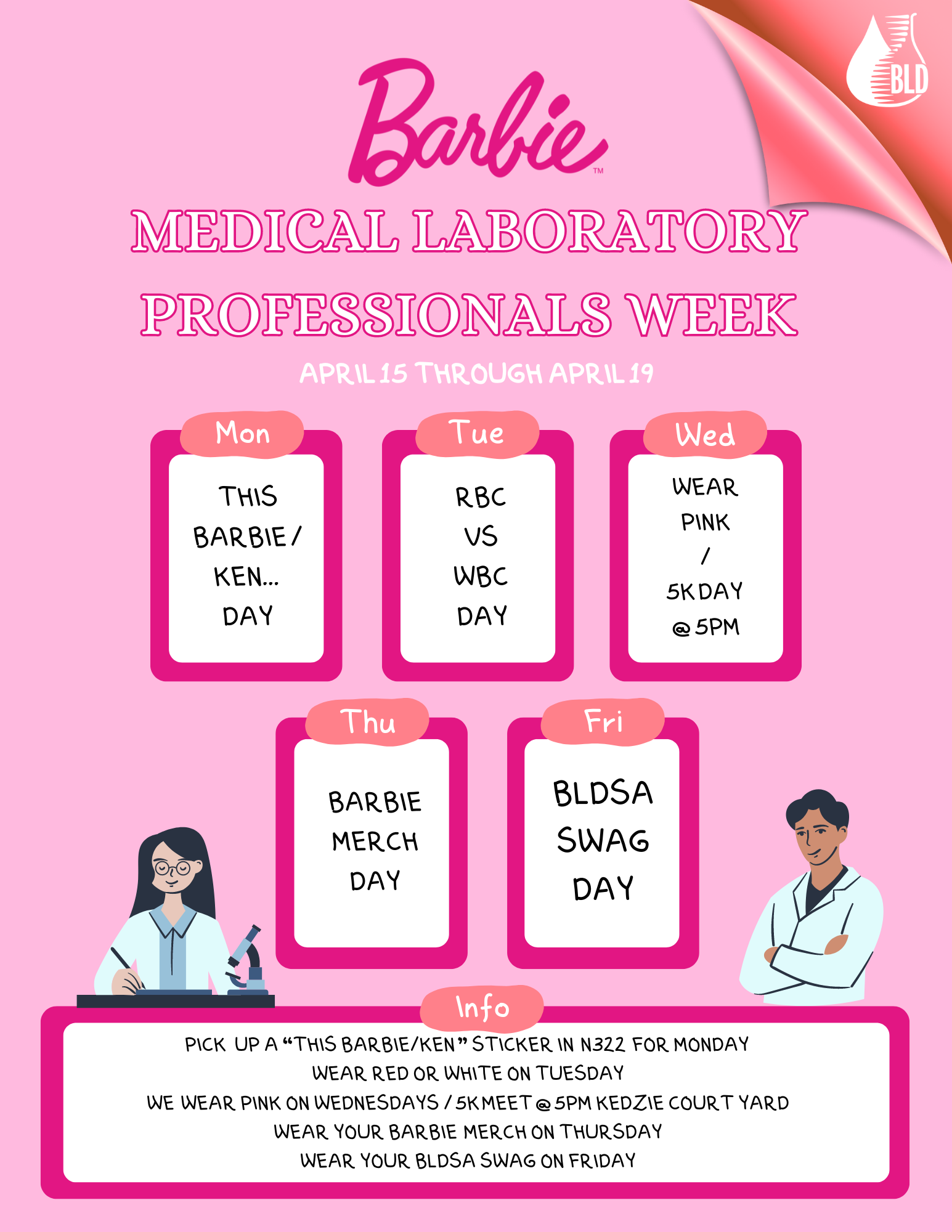 Pink flyer with calendar events for lab week