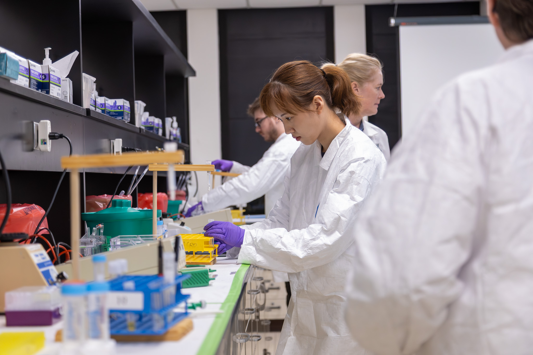 Student performing experiment in graduate lab.