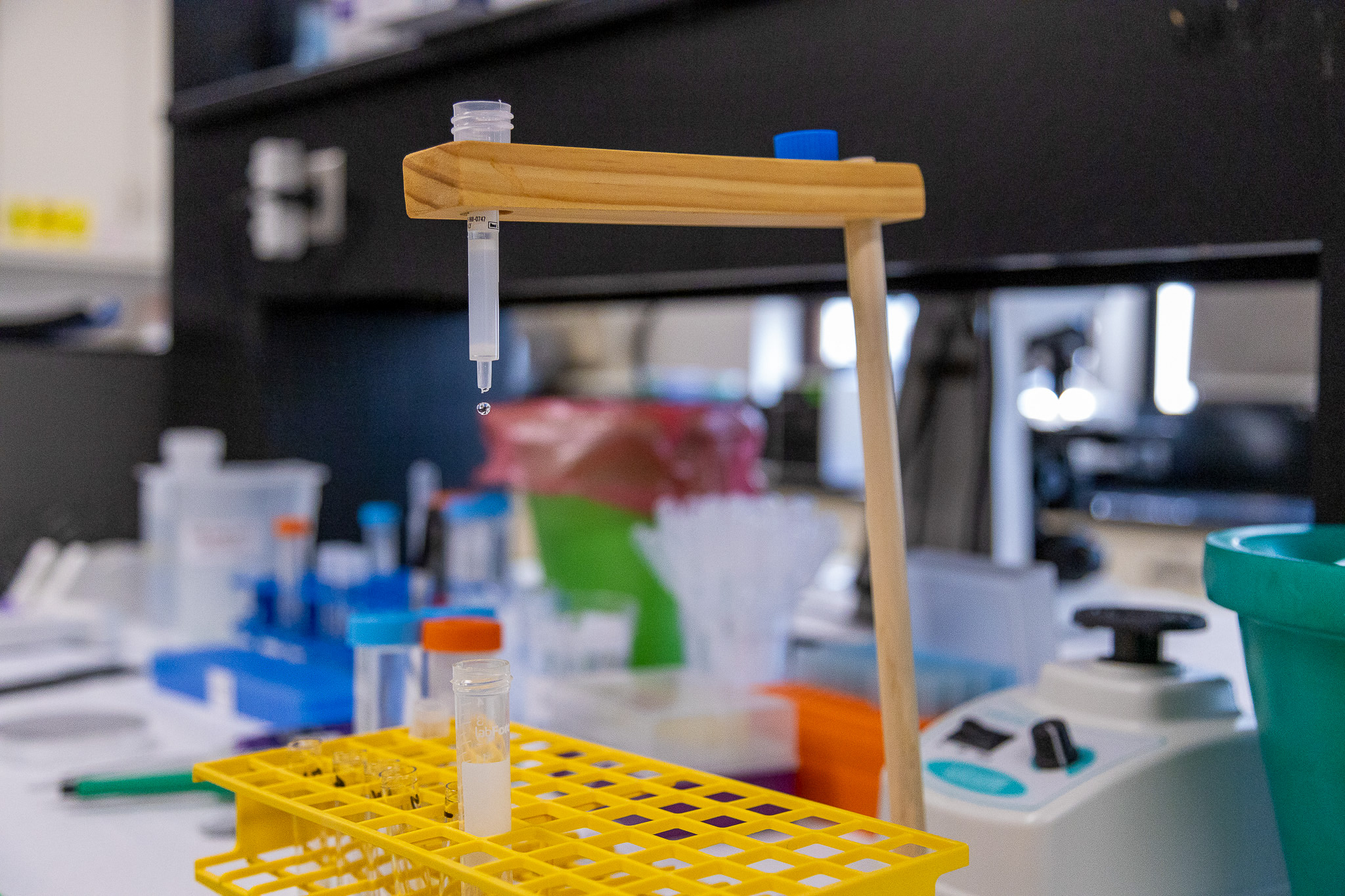 Water droplet dripping from lab instrument