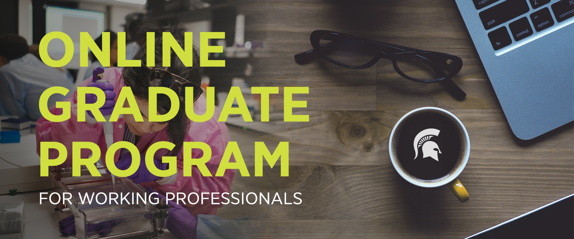 Banner image of laboratorian and desk with computer and coffee cup with the text online graduate program for working professionals on top of the image